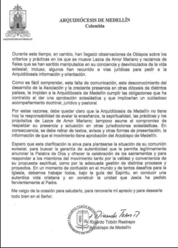 OrienteseTV's tweet image. #NoticiaEnDesarrollo Graves preocupaciones tienen los máximos jerarcas de la Iglesia Católica en Colombia por las actuaciones, que ya tienen varios procesos judiciales, de Lazos de Amor Mariano, movimiento con representación en @SenadoGovCo, @CamaraColombia y @asambleadeant.