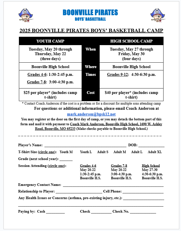 Our Boonville Pirates Boys' Basketball Camp starts on Tuesday and runs through Thursday for grades 4-6 and 7-8.  If you did not receive a form or if you forgot to submit it, you MAY still register at the door next week.  Cost for the youth camps is $25 and includes a t-shirt.