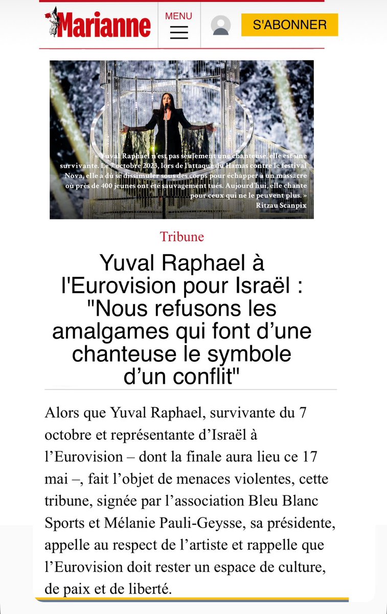 mpauligeysse's tweet photo. Je vous invite à lire ma tribune publiée dans @MarianneleMag au nom de notre association Bleu Blanc Sports. Elle appelle au respect de @YuvalRaphael_IL, et rappelle que l’@Eurovision doit rester un espace de paix et de liberté. 

📖 À lire en intégralité:
https://t.co/3JedCTjndF https://t.co/szl2nmENLR