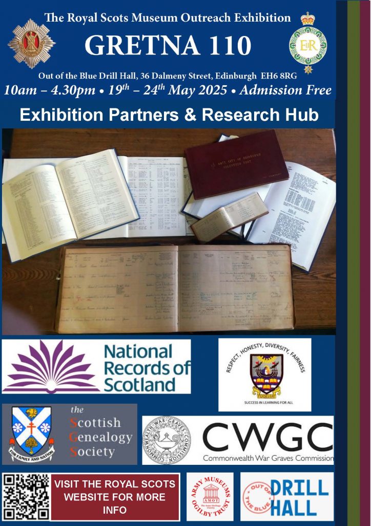 Our archivists will be at the @‌Royal_Scots Gretna 110 exhibition in Leith on Monday, Tuesday and Thursday next week.

If you’re going, chat to them for advice on researching family, local and military history in our records.

Look for our logo!

bit.ly/Gretna110Exhib…