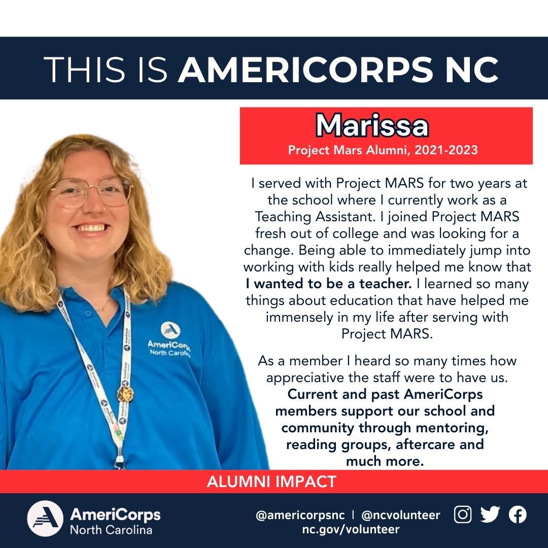 VolunteerNC's tweet image. In our ongoing series, 
“This is AmeriCorps,” we proudly spotlight the inspiring stories of our alumni from #ProjectMARS in #WNC. Join us in celebrating their remarkable contributions! 
#AmeriCorps #AmeriCorpsNC #ServiceMatters