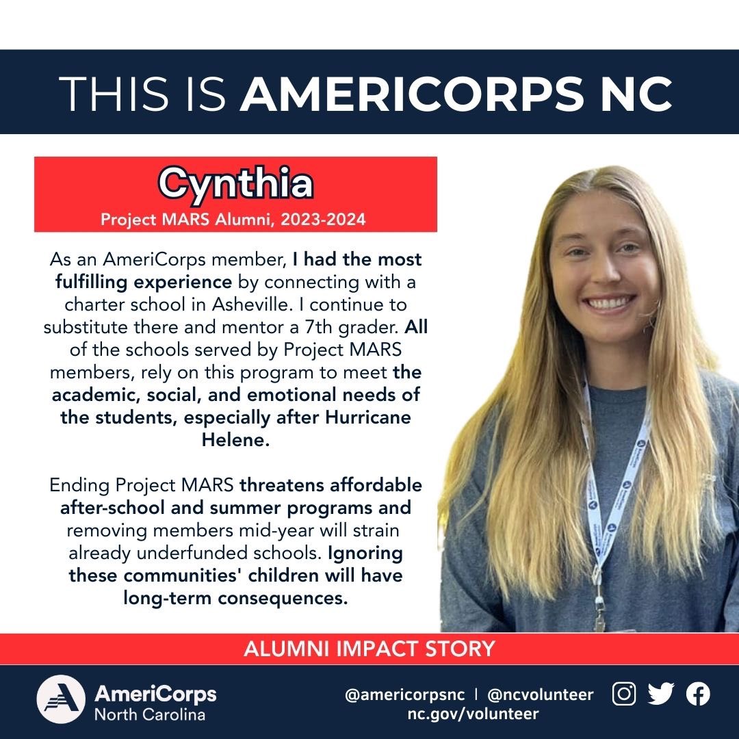 VolunteerNC's tweet image. In our ongoing series, 
“This is AmeriCorps,” we proudly spotlight the inspiring stories of our alumni from #ProjectMARS in #WNC. Join us in celebrating their remarkable contributions! 
#AmeriCorps #AmeriCorpsNC #ServiceMatters