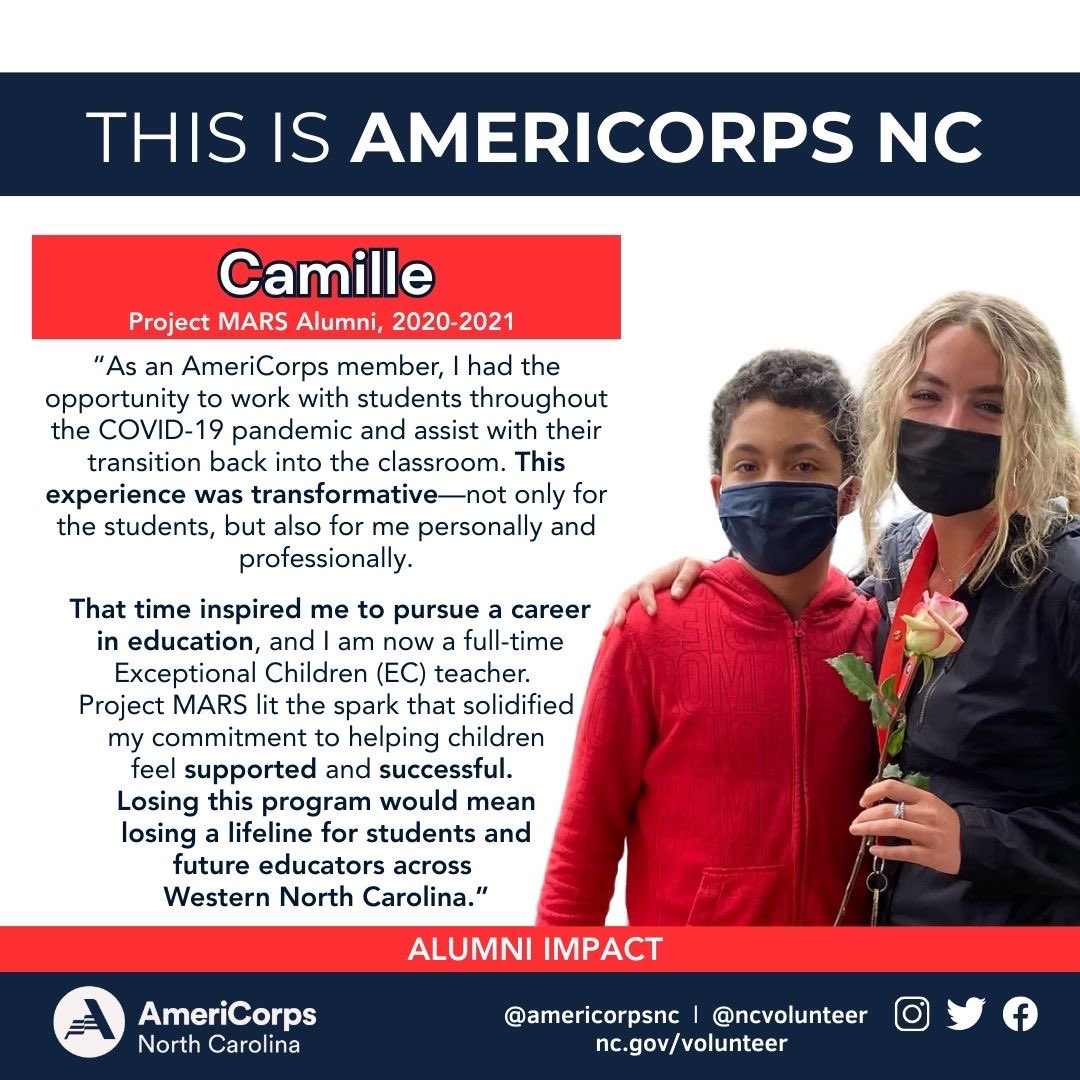 VolunteerNC's tweet image. In our ongoing series, 
“This is AmeriCorps,” we proudly spotlight the inspiring stories of our alumni from #ProjectMARS in #WNC. Join us in celebrating their remarkable contributions! 
#AmeriCorps #AmeriCorpsNC #ServiceMatters