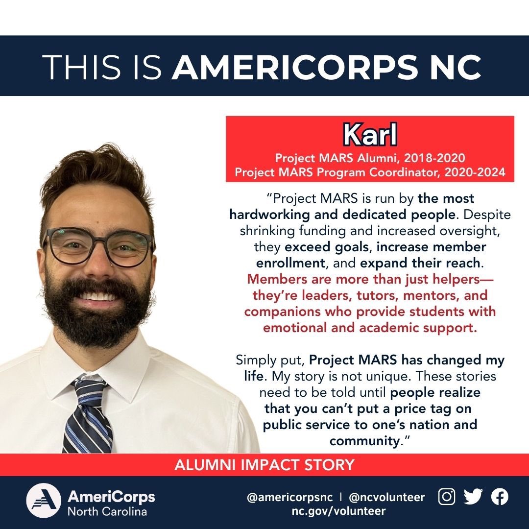 VolunteerNC's tweet image. In our ongoing series, 
“This is AmeriCorps,” we proudly spotlight the inspiring stories of our alumni from #ProjectMARS in #WNC. Join us in celebrating their remarkable contributions! 
#AmeriCorps #AmeriCorpsNC #ServiceMatters