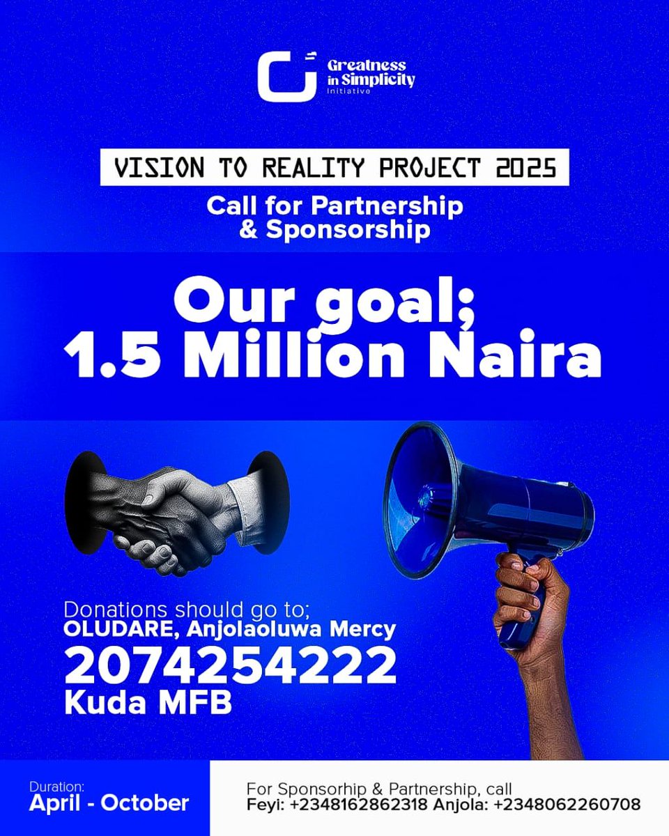 I really need your help.🤲🏾
I'm currently in the Nigerian Law school, but my mind is so set on <a href="/GIS_Initiative/">Greatness in Simplicity Initiative</a> 's Flagship project for this year.

We're running out of time and we're 1.4 million short of budget. Please help in whatever way you can.🙏🏾
Donate. Refer. And retweet.🙏🏿
