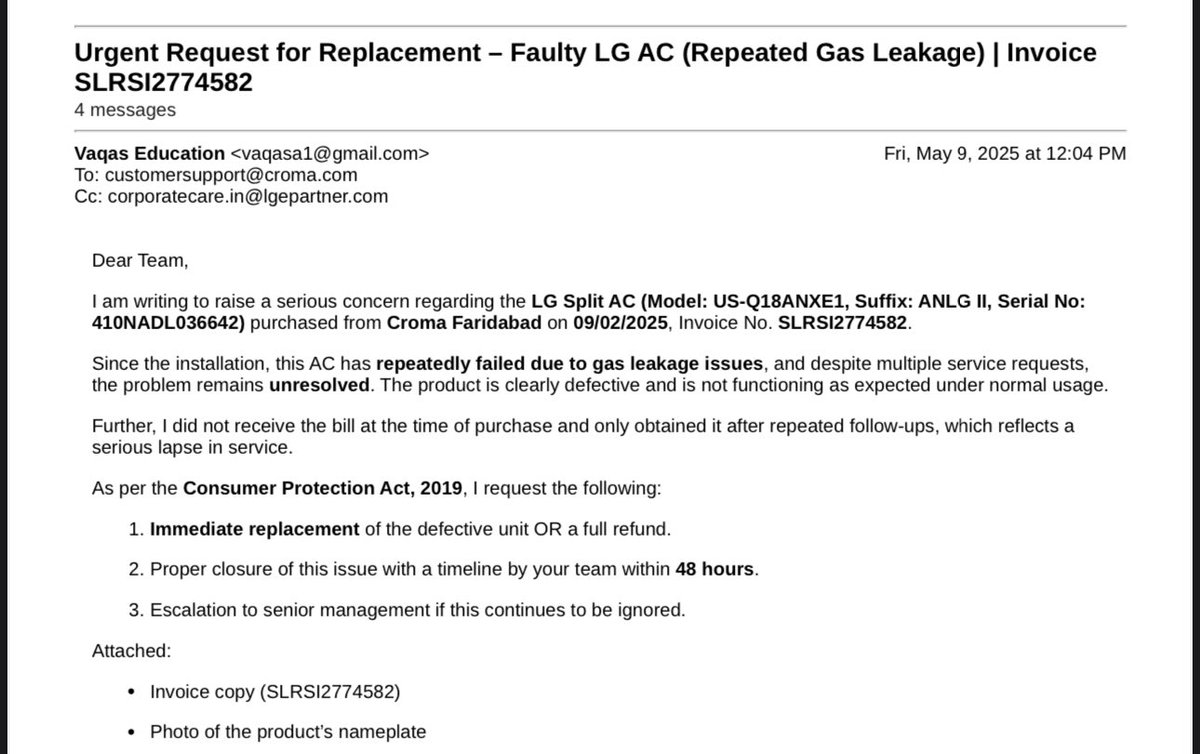ai_vaqas's tweet photo. I bought an LG AC from @cromaretail Faridabad. They sold me an extended warranty (care package)

The AC has repeated gas leakage and is now unusable. After multiple service calls, visits, and mails – they have refused refund &amp; exchange.

@LGIndia @tatacompanies https://t.co/aB7m5NI6vk