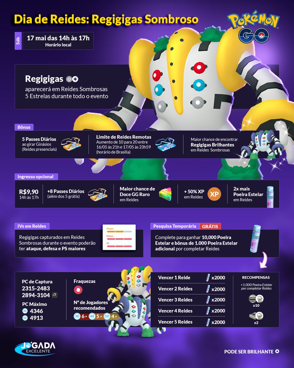 jogadaexcelente's tweet image. Regigigas Sombroso será o Pokémon do Dia de Reides que acontece nesse sábado, 17 de maio, das 14h às 17h. Treinadores poderão aproveitar bônus, como 5 Passes de Reide grátis e maior chance de encontrar Regigigas Brilhante. ✨