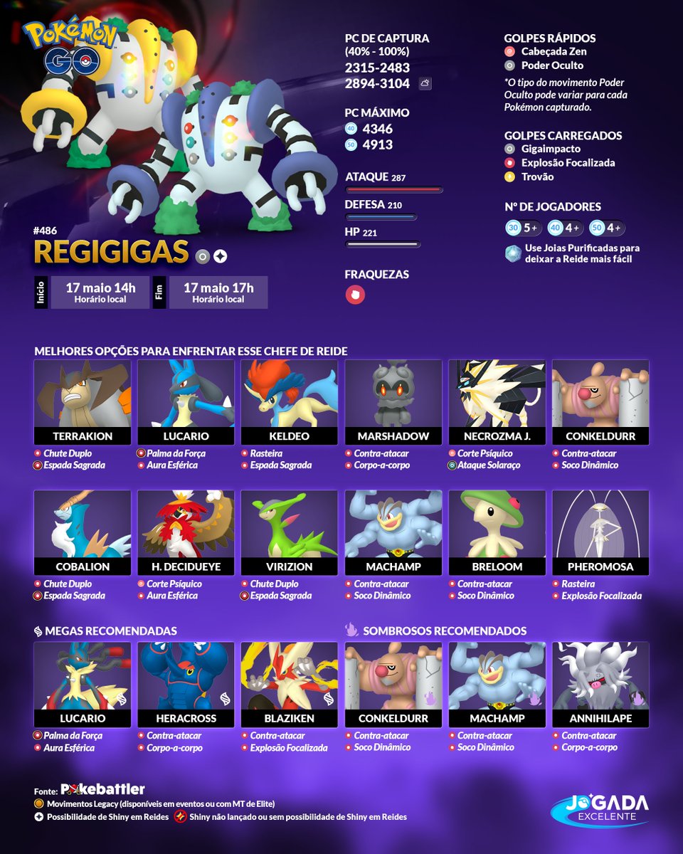 jogadaexcelente's tweet image. Regigigas Sombroso será o Pokémon do Dia de Reides que acontece nesse sábado, 17 de maio, das 14h às 17h. Treinadores poderão aproveitar bônus, como 5 Passes de Reide grátis e maior chance de encontrar Regigigas Brilhante. ✨
