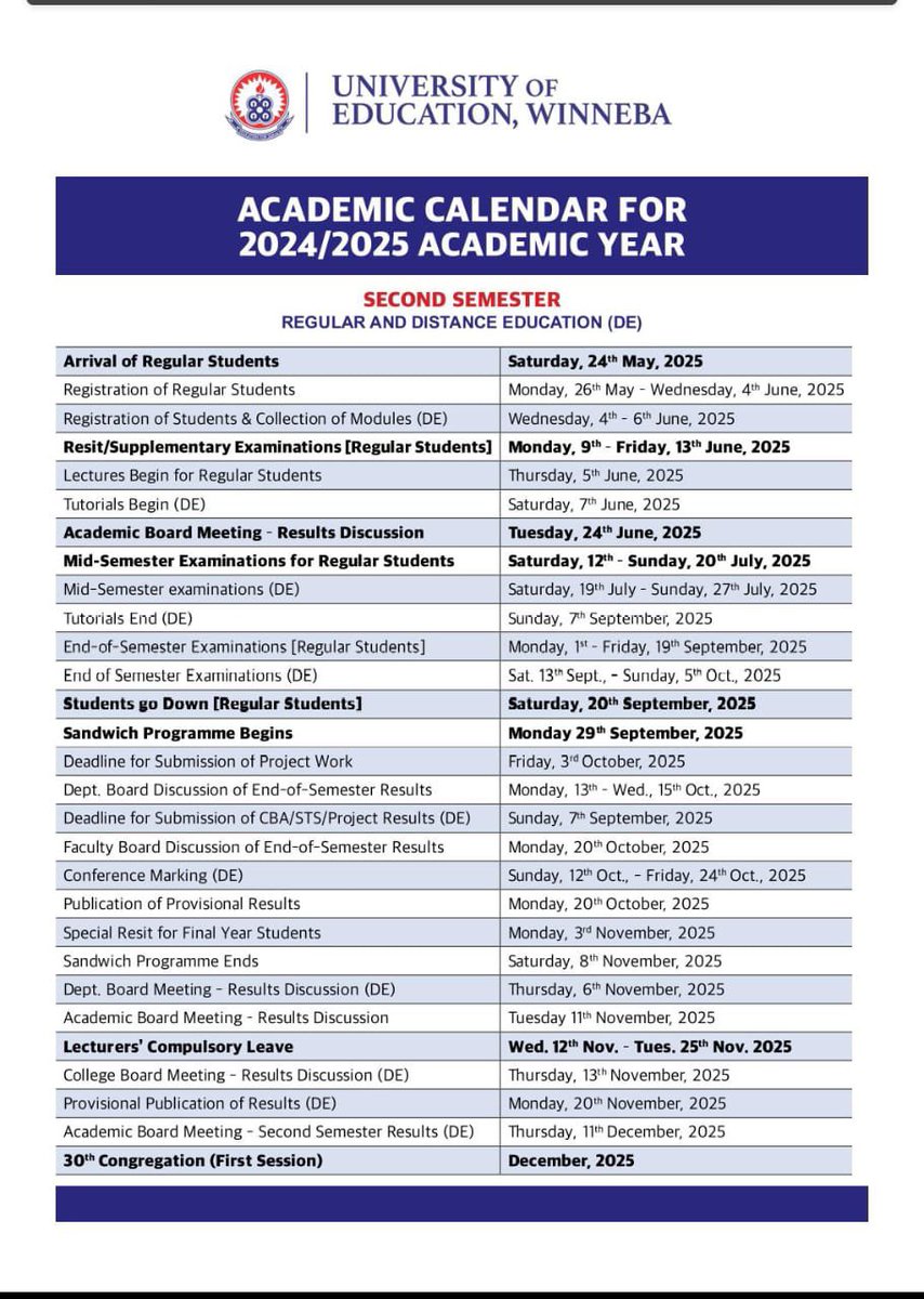 UEW-SRC

Dear Students,

*2024/2025 Academic Year: Second Semester Academic Calendar*

Stay informed about important dates and events!
_________________________________
30th SRC Administration
2024/2025©️
____________