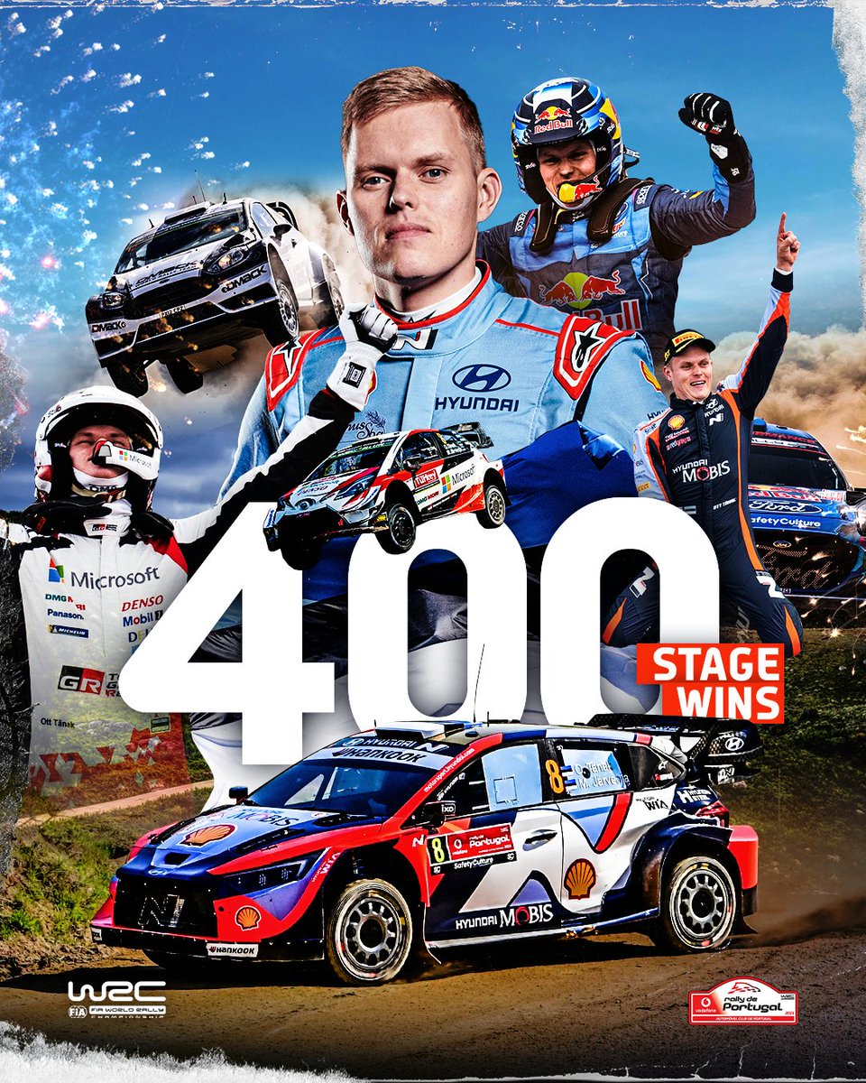 OfficialWRC's tweet image. 400 WRC STAGE WINS! 🥳 @OttTanak

#WRC | #RallydePortugal 🇵🇹