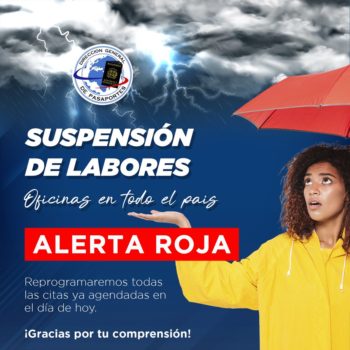 ¡Suspensión de Labores por Alerta Roja 🌧⚡️☔️!

A todos nuestros usuarios les garantizamos que estaremos reprogramando las citas agendadas en el día de hoy.

iGracias por su comprensión!
