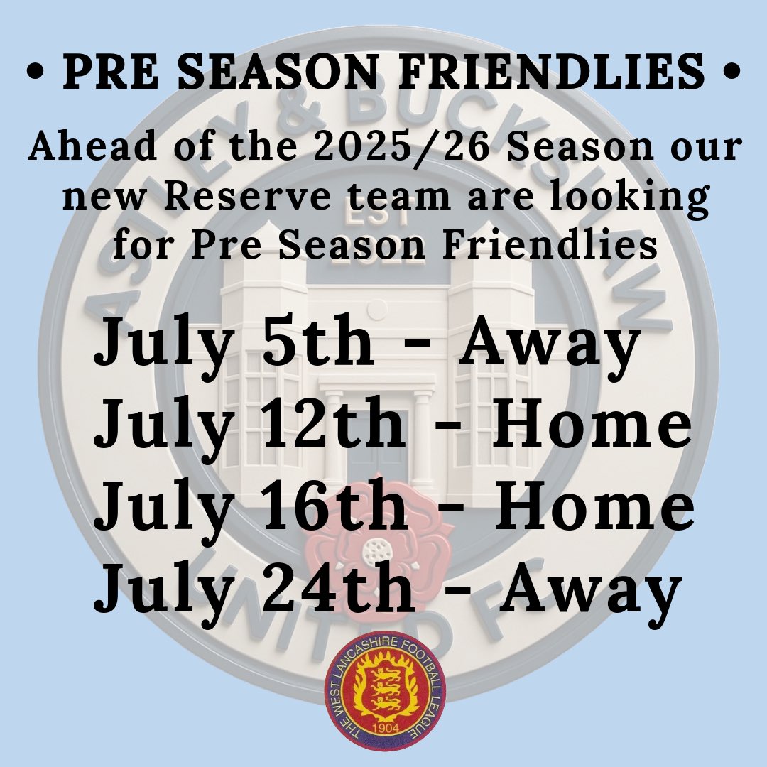 ⚽️🔵⚪️Our new Reserves team are looking for Pre Season friendlies in July ⚽️🔵⚪️

Drop us a DM to book dates 

<a href="/westlancsleague/">West Lancashire League</a> <a href="/LancsFriendlies/">Lancs Friendlies</a> <a href="/NLCumbria/">Non League Cumbria</a> <a href="/Nonleaguenorth2/">Nonleaguenorthwest</a> <a href="/mid_lancs/">Mid Lancs Football League</a> <a href="/WestmorlandFL/">Westmorland Football League</a>