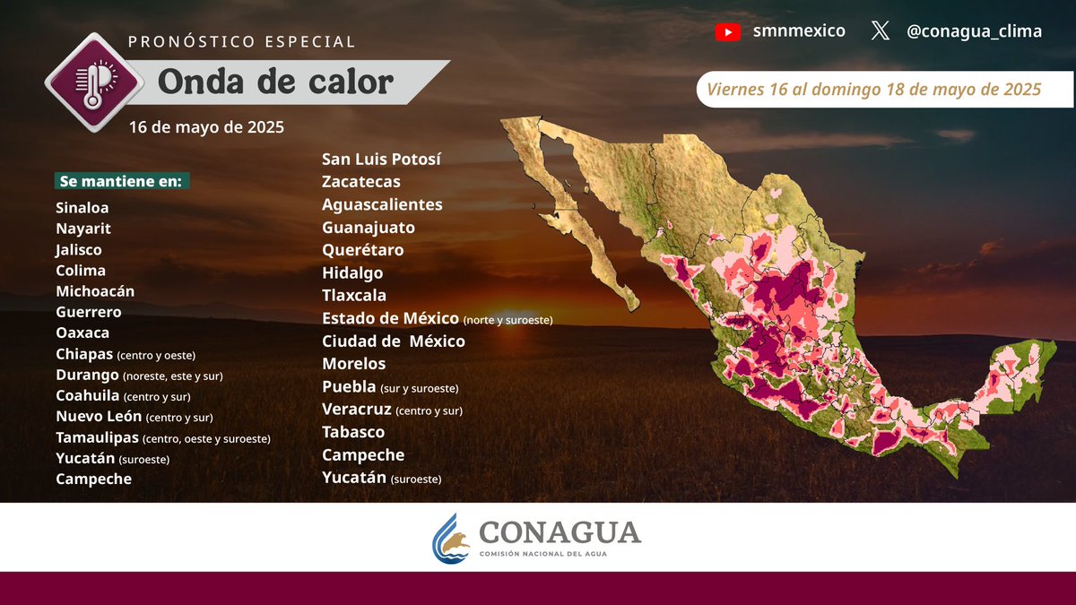 🚨⚠️ AVISO ⚠️🚨
🥵Se mantiene la #OndaDeCalor en la mayor parte de entidades de #México del 16 al 18 de mayo.

Vía: <a href="/conagua_clima/">CONAGUA Clima</a>.