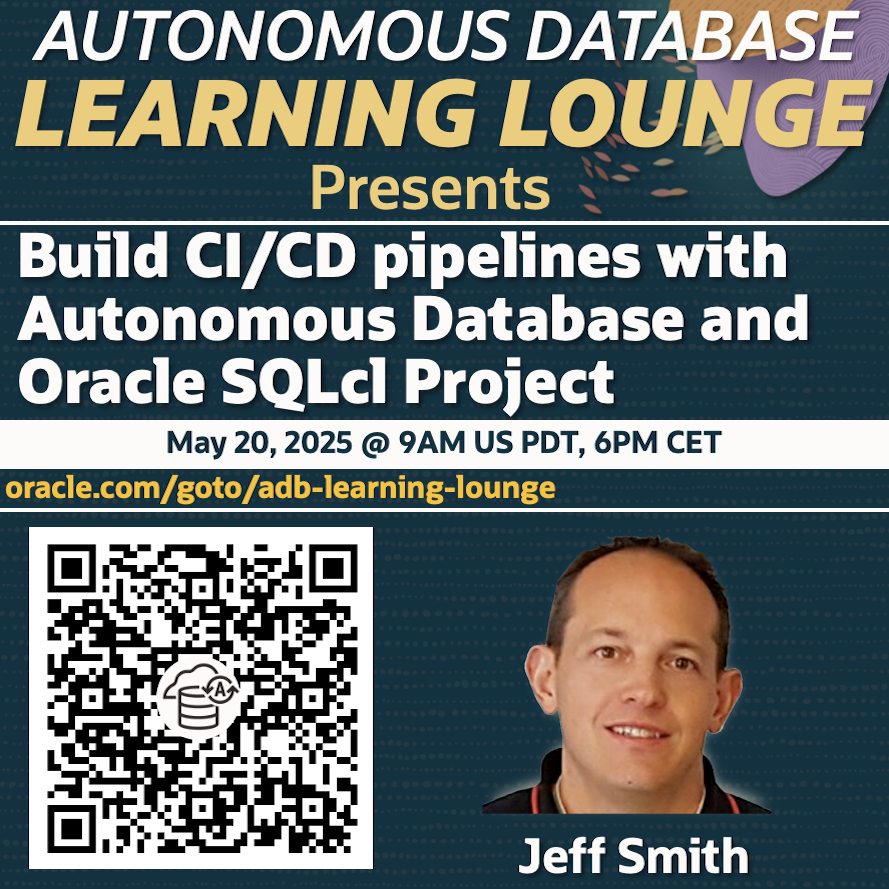 Marcos Arancibia (@marcosarancibia) on Twitter photo Attention #Developers! Did you know you can create #CI/#CD #pipelines on #AutonomousDatabase? Join us next week: apexadb.oracle.com/ords/r/tech/ca…
Easily build and manage CI/CD pipelines using #SQLcl with #ADB.
#oracle #adblearninglounge <a href="/thatjeffsmith/">SQL.ProductManager.Oracle.Databases</a> <a href="/OracleDatabase/">Oracle Database</a> Attention #Developers! Did you know you can create #CI/#CD #pipelines on #AutonomousDatabase? Join us next week: apexadb.oracle.com/ords/r/tech/ca…
Easily build and manage CI/CD pipelines using #SQLcl with #ADB.
#oracle #adblearninglounge <a href="/thatjeffsmith/">SQL.ProductManager.Oracle.Databases</a> <a href="/OracleDatabase/">Oracle Database</a>