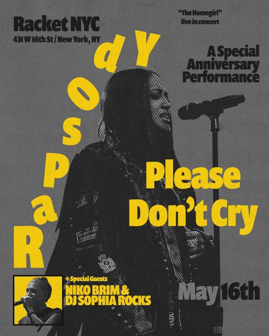 Going down tonight <a href="/Racketnewyork/">Racket NYC</a> come thru!

Please Don't Cry's one year anniversary! May 16th in
NYC with <a href="/rapsody/">Rapsody</a> &amp; <a href="/NikoBrim/">Neek</a> and myself!!

Get your tickets!!! See you there 🫶🏽

#djsophiarocks #nyc #hiphop