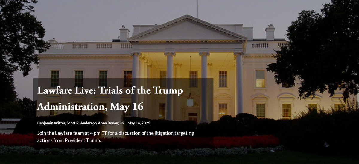 Lawfare (@lawfare) on Twitter photo In 1 hour, Benjamin Wittes will sit down with <a href="/AnnaBower/">Anna Bower</a>, <a href="/rparloff/">Roger Parloff</a>, James Pearce, and <a href="/qjurecic/">Quinta Jurecic</a> to discuss today's hearing in the Abrego Garcia case, suits by states alleging the Trump admin is linking funding to immigration policies, and more for this week's Trials of the Trump In 1 hour, Benjamin Wittes will sit down with <a href="/AnnaBower/">Anna Bower</a>, <a href="/rparloff/">Roger Parloff</a>, James Pearce, and <a href="/qjurecic/">Quinta Jurecic</a> to discuss today's hearing in the Abrego Garcia case, suits by states alleging the Trump admin is linking funding to immigration policies, and more for this week's Trials of the Trump