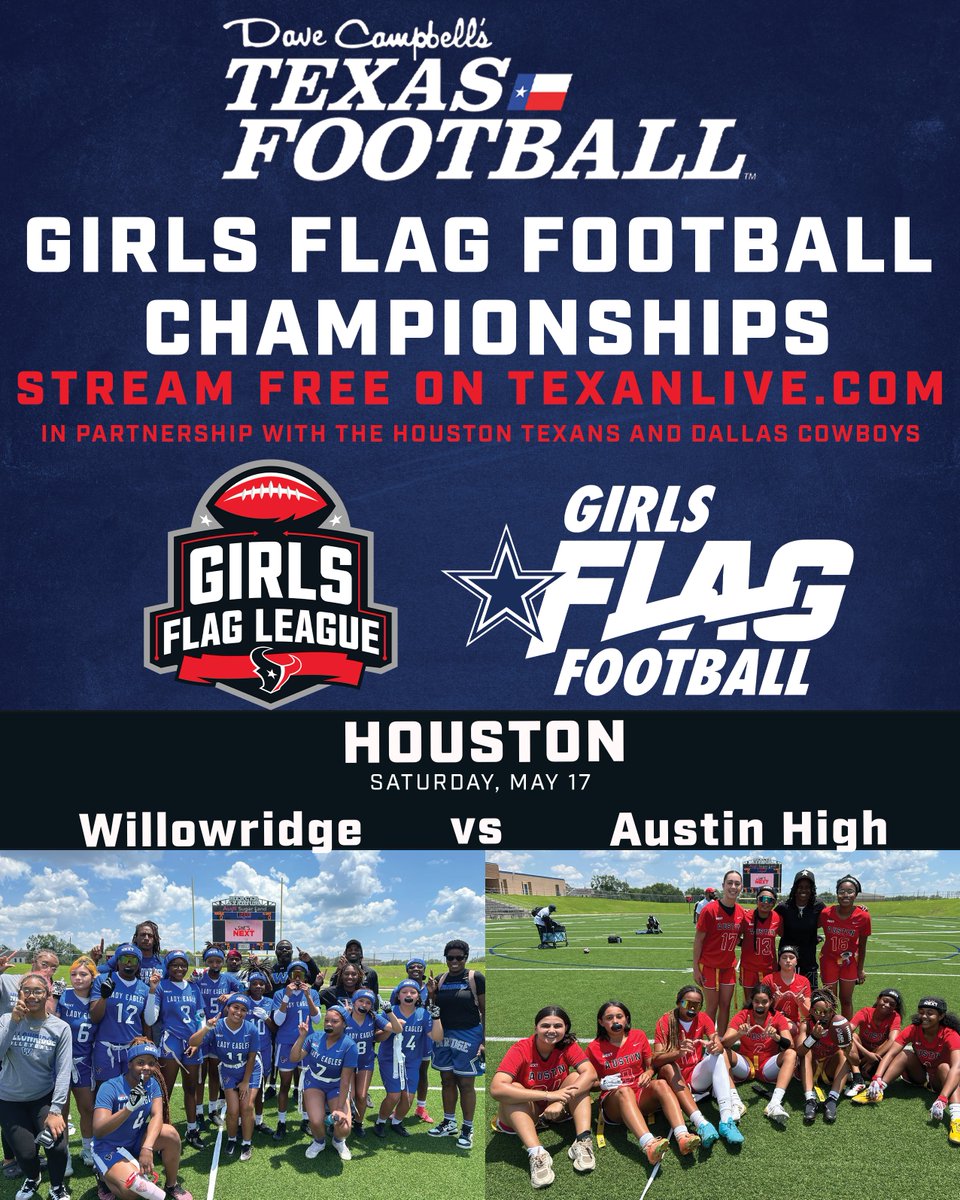 Dave Campbell’s Texan Live - Texanlive.com (@texan_live) on Twitter photo Women's Flag Football Championship
🏈 Austin High School vs Willowridge
📅 Saturday, May 17th
📺 Watch Here: bit.ly/4j3PBPh
#DCTX #GirlsFlagFootball #TexanLive
<a href="/dallascowboys/">Dallas Cowboys</a> <a href="/HoustonTexans/">Houston Texans</a> Women's Flag Football Championship
🏈 Austin High School vs Willowridge
📅 Saturday, May 17th
📺 Watch Here: bit.ly/4j3PBPh
#DCTX #GirlsFlagFootball #TexanLive
<a href="/dallascowboys/">Dallas Cowboys</a> <a href="/HoustonTexans/">Houston Texans</a>