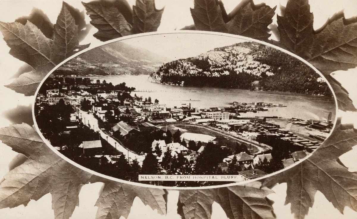 Nelson BC, from Hospital Bluff, with maple leaves perimeter, c.1910s–1930s postcard

Listed today. 📸 (only available at Dees website, link in bio)