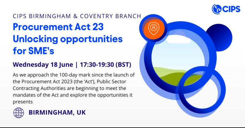 CIPSBirmingham's tweet photo. Our next #CIPS Birmingham &amp; Coventry Branch event is targeting the subject of the “Procurement Act '23 - Unlocking opportunities for SMEs”. 

Book your place here:
https://t.co/DBpVmCnhEl

📅 Wednesday, 18th June
📍 Birmingham, Hays Recruitment, 3rd Floor, 1 Colmore Row, B4 6AJ https://t.co/3WLvWhqYiF
