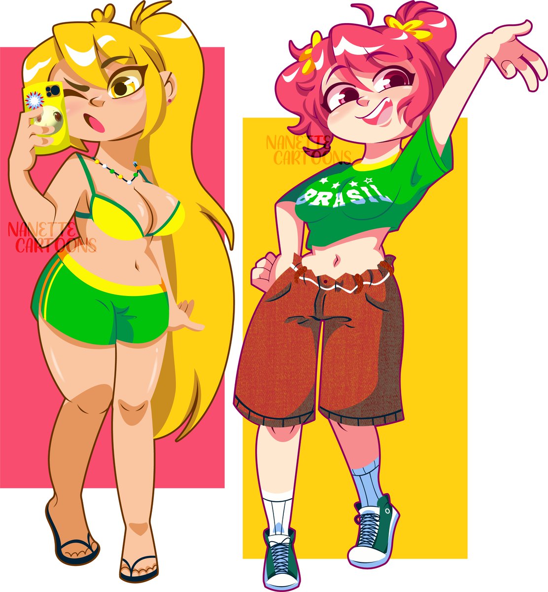 Brazilian Teto &amp; Neru (reference to my previous drawing)  

#kasaneteto #AkitaNeru #BrazilianMiku #重音テト #亞北ネル