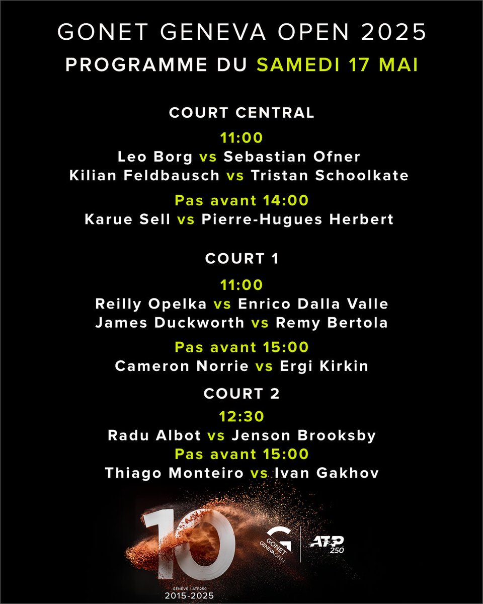 𝐏𝐫𝐨𝐠𝐫𝐚𝐦𝐦𝐞 𝐝𝐞 𝐝𝐞𝐦𝐚𝐢𝐧 🔥🎾

#gonetgenevaopen #atpgva #orderofplay #programmedujour #atp #tennistv #atptour #geneva #geneve #suisse #switzerland #genevaevent #tennis #welovetennis #tennislove #tennisfan #tennislife #tennistime