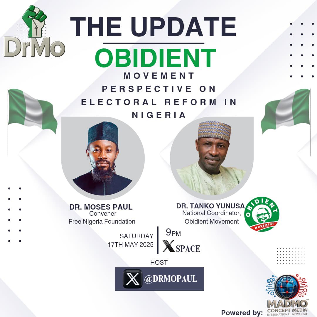 Take Back Naija, Ogun State (@tbnogun) on Twitter photo Obidients share this massively and be available as important updates will be share.
A space with the National Coordinator of OBIdients Movement, <a href="/YunusaTanko/">Dr Yunusa Tanko</a> and <a href="/Drmopaul/">Dr Mo (Moses Paul)</a> the host.
A NEW NIGERIA IS POSSIBLE Obidients share this massively and be available as important updates will be share.
A space with the National Coordinator of OBIdients Movement, <a href="/YunusaTanko/">Dr Yunusa Tanko</a> and <a href="/Drmopaul/">Dr Mo (Moses Paul)</a> the host.
A NEW NIGERIA IS POSSIBLE