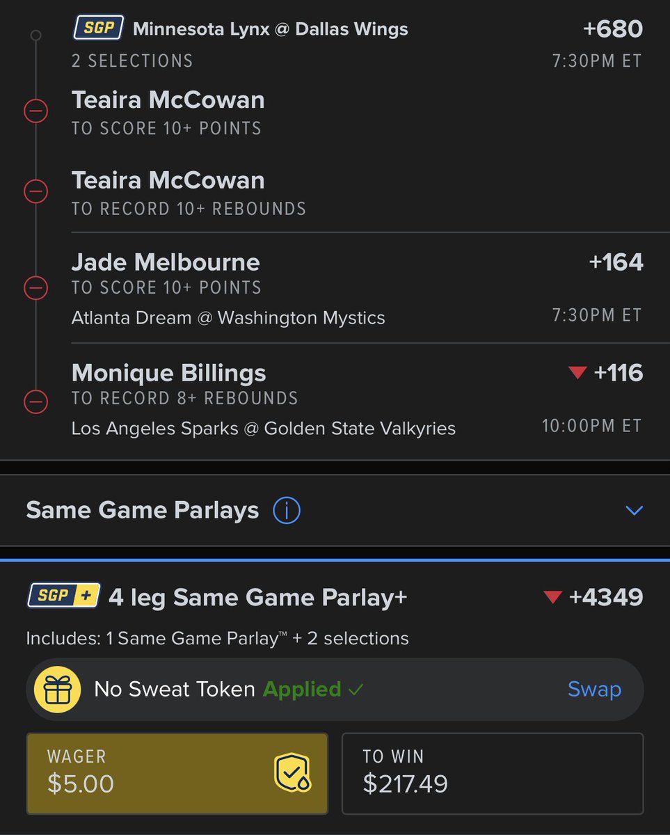 FanDuel - WNBA No Sweat +4349

EV: 132.2%
QK: 0.54u

🔗 account.sportsbook.fanduel.com/sportsbook/add…

This nerfed in my slip but buffed back to the original prices after I placed it so it’s even better now. I’d probably go EK with nobody knowing how to price WNBA props to start the season. The DD for