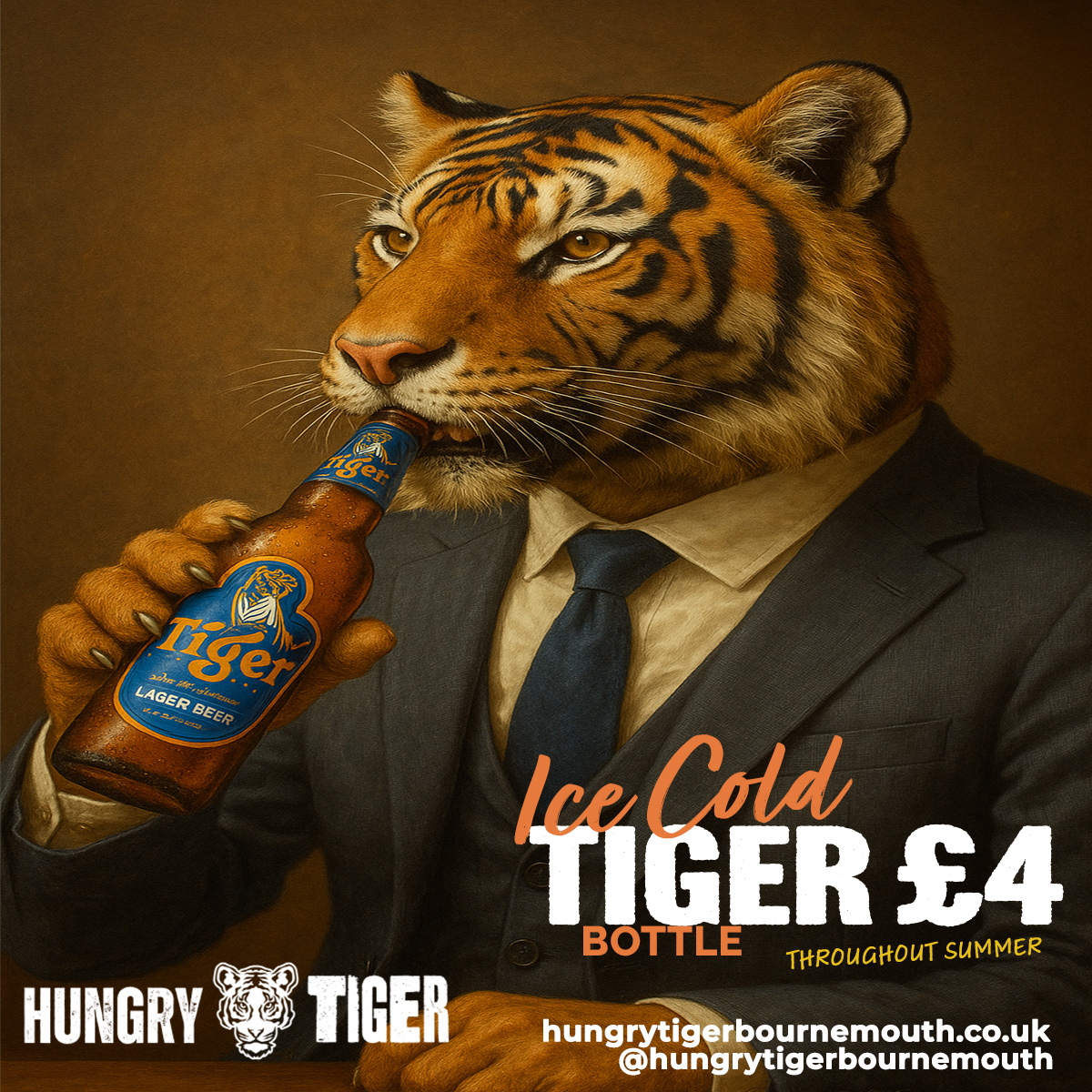 HungryTigerBmth's tweet photo. 🍻 Tame the Heat with a Tiger! 🐯

All summer long, we’re serving ice-cold bottles of Tiger Beer for just £4.

Crisp, refreshing and the perfect match for spicy bites &amp; sunny days.

☀️ Sip back, relax and let the good times roll this Summer!

#Summer #Tiger #Beer #Bournemouth https://t.co/q6fVPAkfa3