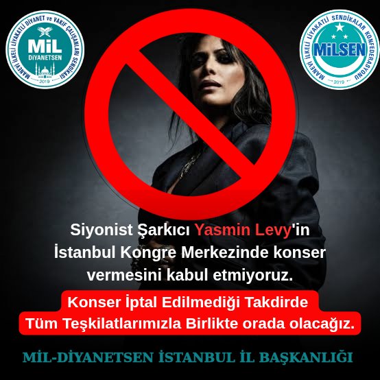 Gazze’de çocukların canına kıyılırken, Kudüs’te mabetler yerle bir edilirken, İstanbul’da böyle bir isme sahne açmak hangi vicdana sığar?
#YasminLevyKonserleriİptalEdilsin
<a href="/TC_istanbul/">TC İstanbul Valiliği</a>
<a href="/gul_davut/">Davut GÜL</a>