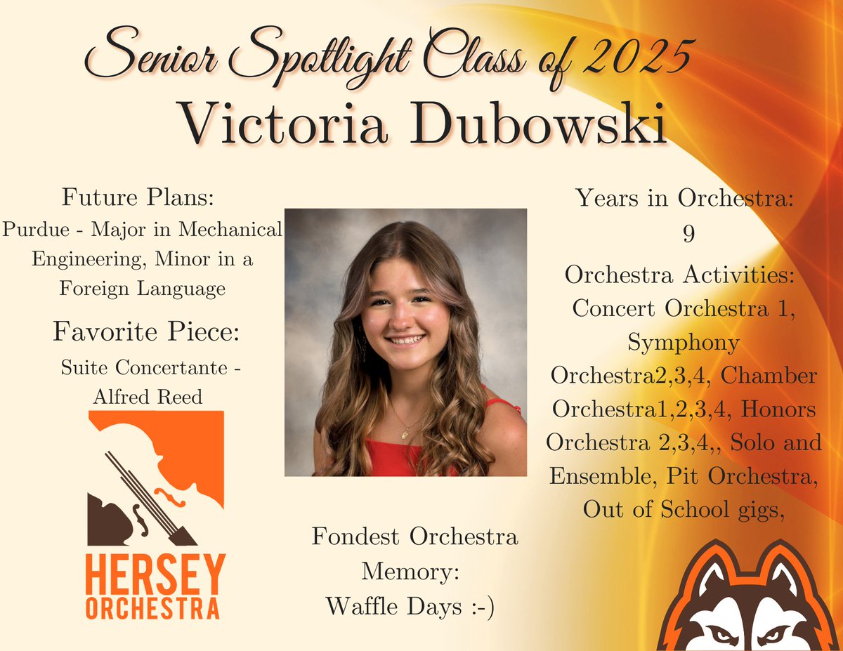 Congratulations to our next 2025 Senior Spotlight: Victoria Dubowski! (Senior Violinist) We are so proud of your commitment to our Symphony and Chamber orchestras.