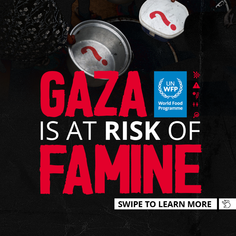 UN's tweet photo. Everyone in Gaza is hungry.

Without immediate action, nearly a quarter of the population could be pushed into famine.

Food aid must be allowed into Gaza now to prevent a catastrophe.