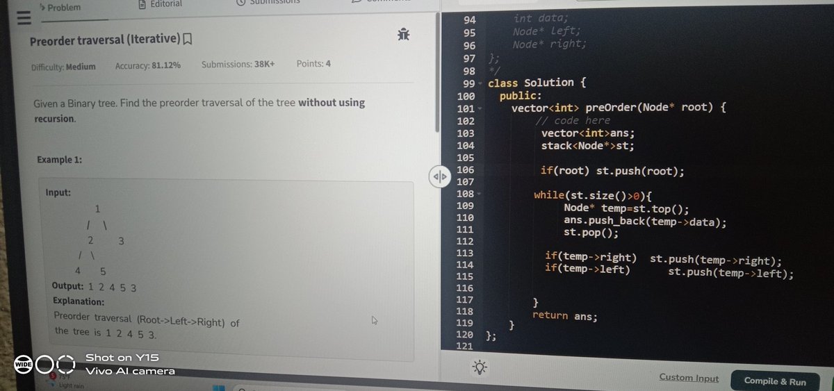 pranav_hegde80's tweet image. Day 113 of #365DaysOfCode🌳🔥  

🚀 Solved Preorder Traversal (Iterative Approach)!  

📌 Task: Traverse Root→Left→Right without recursion
  
⚡ Approach:Used a **stack** to mimic recursion.

T.C:O(N) | S.C: O(N) 

#DSA #BinaryTrees #ProblemSolving #GFG #LearnInPublic