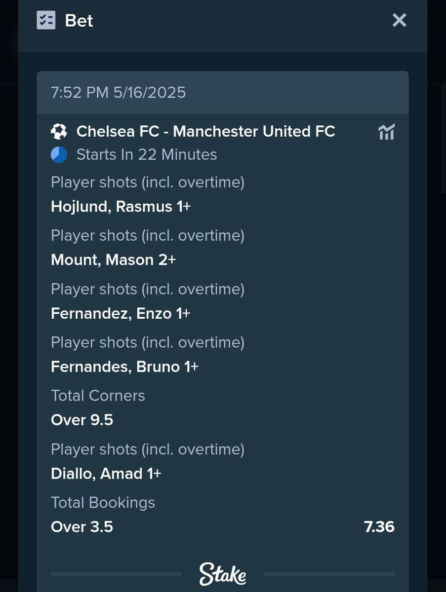 Bet builder on Chelsea vs man utd match.

Register now and join us now if you don't have an account yet: 
stake.com/?c=eZO7BN74
Promo code: BOM

Link to game:
stake.com/sports/home?ii…