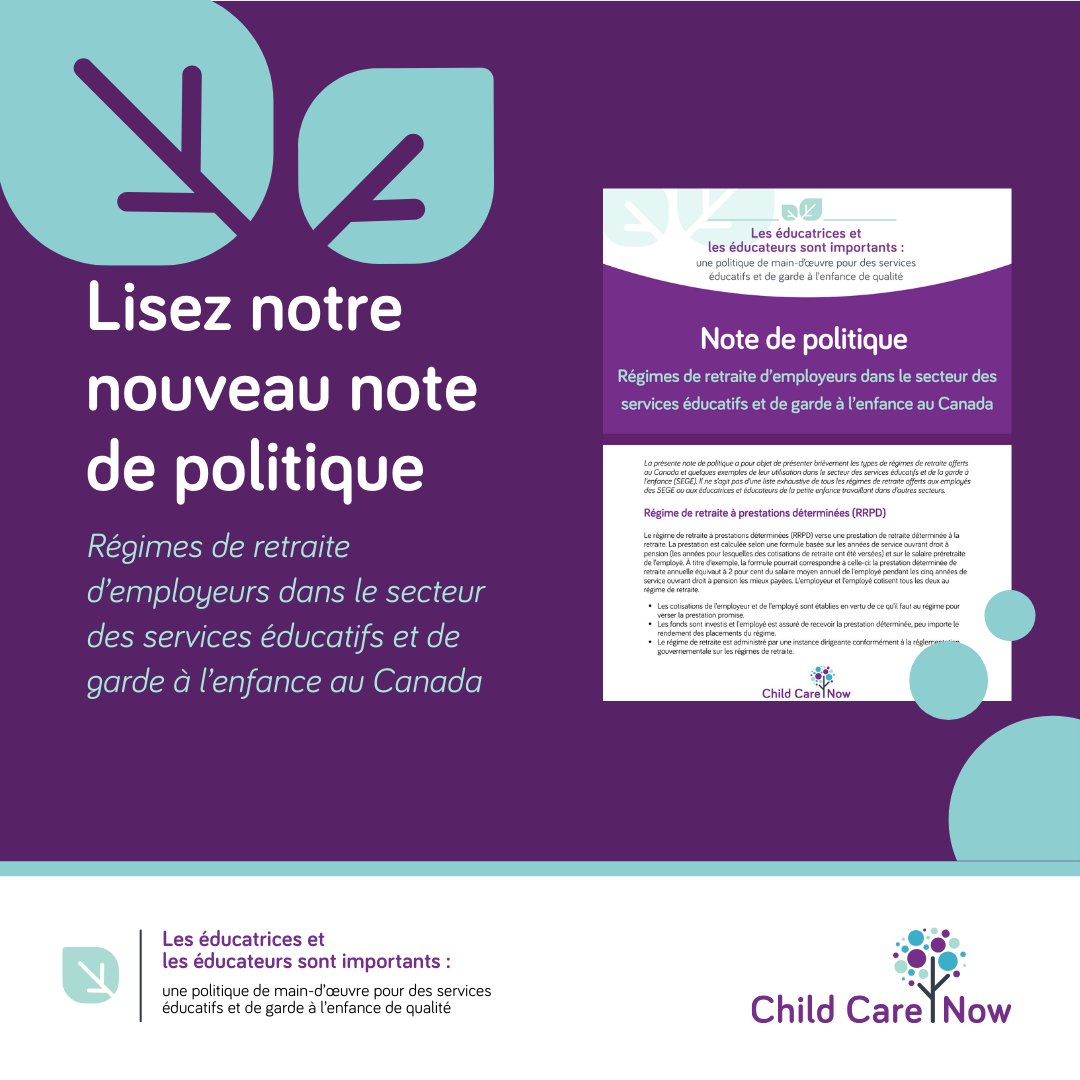 La présente note de politique a pour objet de présenter brièvement les types de régimes de retraite offerts au Canada et quelques exemples de leur utilisation dans le secteur des services éducatifs et de la garde à l’enfance (SEGE).

▶️ unenfantuneplace.ca/les-educatrice…
