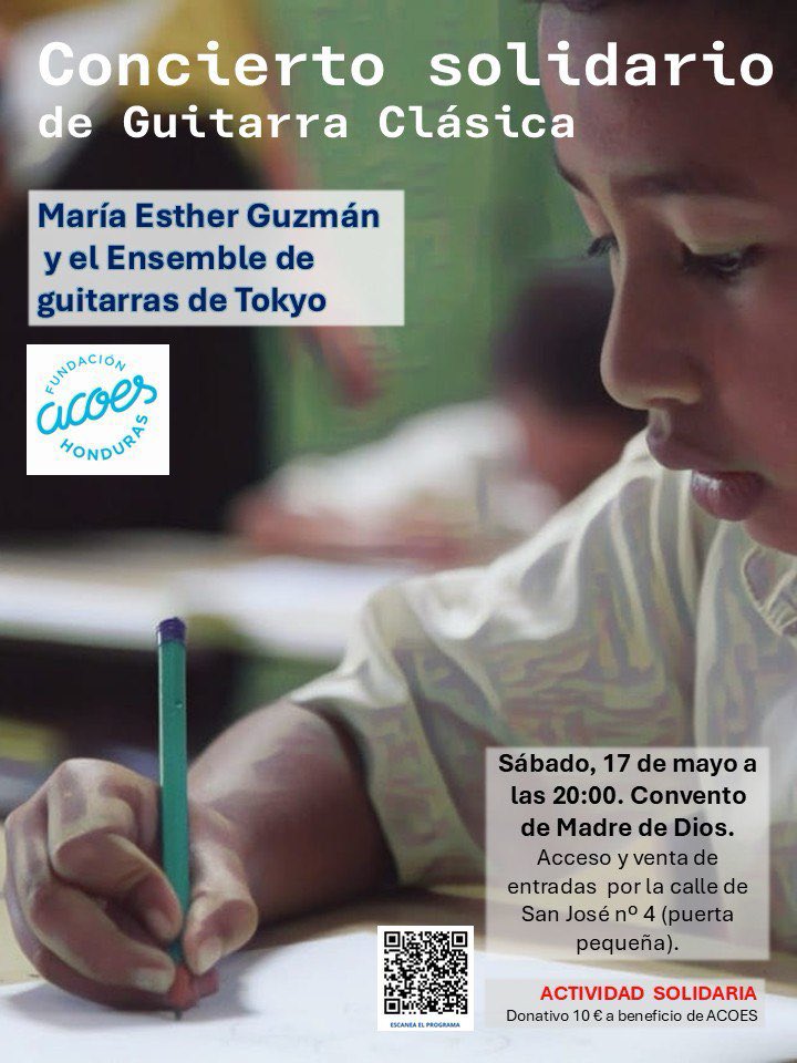 Os esperamos mañana sábado 17 en un Concierto benéfico muy especial, junto a mis colegas y queridos amigos del Ensemble de Guitarras de Tokyo, en el precioso Convento Madre De Dios (c/San José n.4), a las 20h. 
No os lo podéis perder.