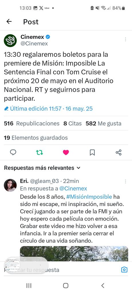 FerRomeroPDC's tweet photo. @Cinemex Ayyyyy, yo por favorrrr, soy faaaaaan desde pequeña de misión imposible, amoooo a TOM CRUISE, y en verdad me encantaría, gracias!! 😩🤩 https://t.co/aEaRUnFswF