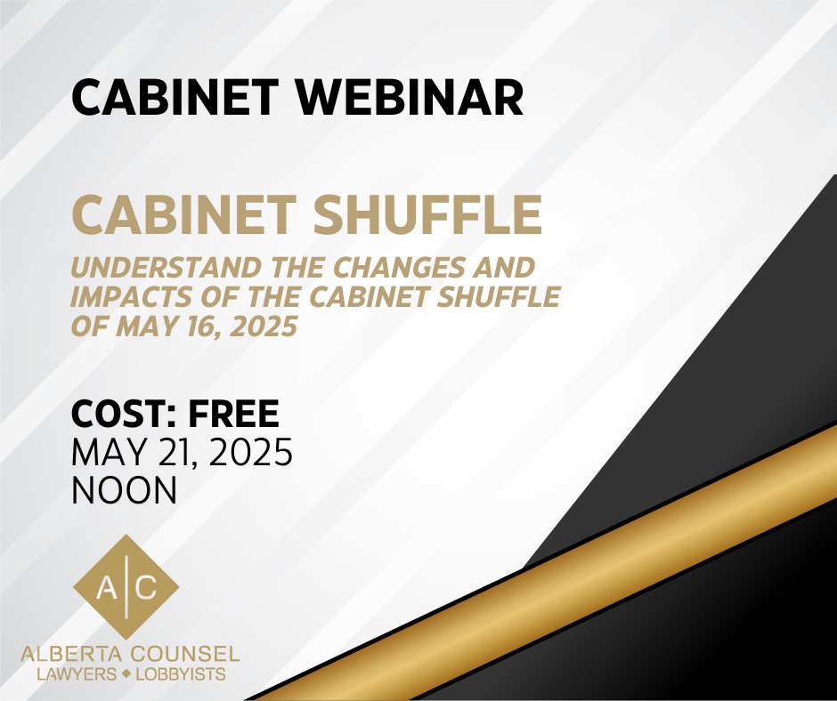 On Wednesday next week, our firm will be hosting a free webinar breaking down the changes made by today's cabinet shuffle.

Join us over the lunch hour for an opportunity to learn how different sectors may be impacted by this shuffle. #ableg

Sign up: eventbrite.ca/e/alberta-cabi…