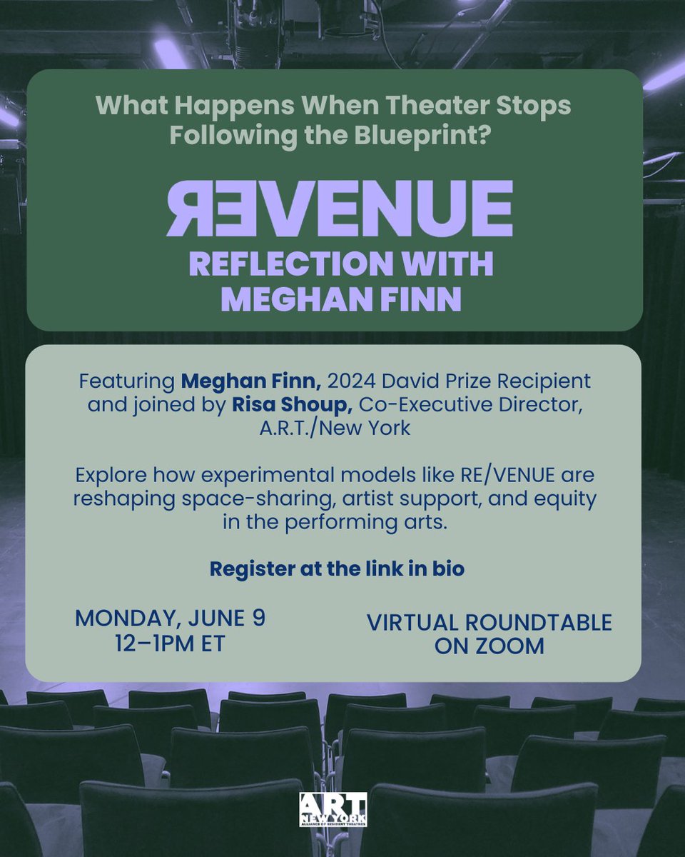 Join us for a virtual convo with 2024 David Prize recipient Meghan Finn as we reflect on the first year of RE/VENUE NYC's groundbreaking model for theater-making.

Meghan will explore what’s worked, what surprised her, and what’s next!

Register here 👉 bit.ly/43vgp6u