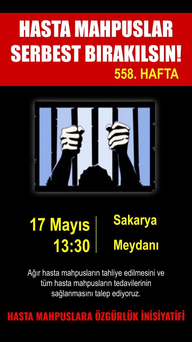 Hasta Mahpuslar 558. Hafta Basın Açıklamasında hasta mahpusların yaşadığı sorunları aktaracağız.
Tüm üye aktivist ve duyarlı dostlarımızı bekleriz.
#HastaMahpuslarSerbestBırakılsın

🗓️ 17 Mayıs 2025 Cumartesi
🕑 13.30
📌 Sakarya Caddesi