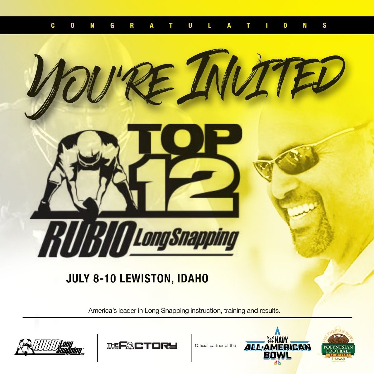 FYI: Now that the 40 Long Snappers have been announced for the TOP 12 Camp in July, emails will be going out to a select few for the WILD CARD spots.

#RubioFamily | #ToeTheLine