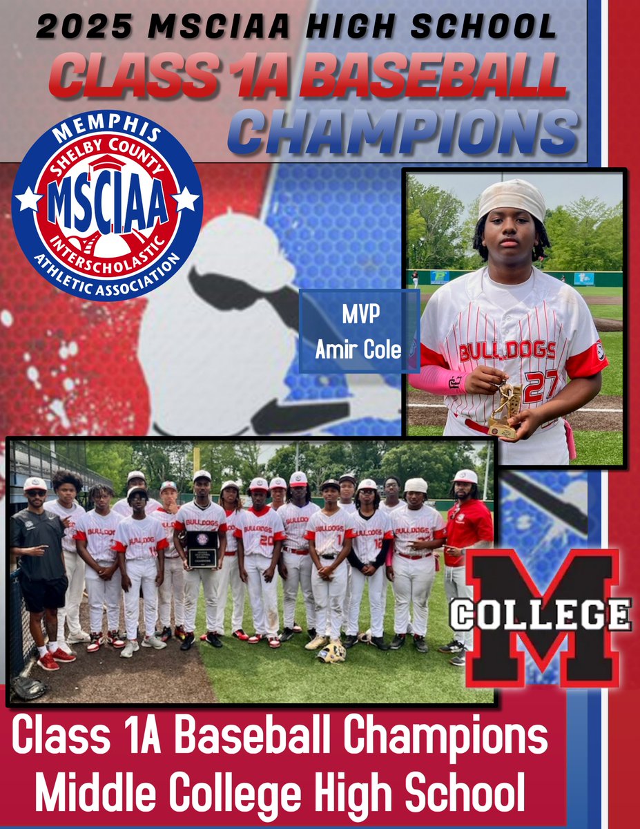 MSCIAA Athletics (@msciaafever) on Twitter photo Congratulations to the Middle College Bulldogs baseball team on being named MSCIAA 1A Baseball Champions! Amir Cole was named MVP.
#mscsathletics
<a href="/MSCSK12/">Memphis-Shelby Co. Schools</a>
<a href="/TheRealBulldogs/">Middle College Sports</a> Congratulations to the Middle College Bulldogs baseball team on being named MSCIAA 1A Baseball Champions! Amir Cole was named MVP.
#mscsathletics
<a href="/MSCSK12/">Memphis-Shelby Co. Schools</a>
<a href="/TheRealBulldogs/">Middle College Sports</a>