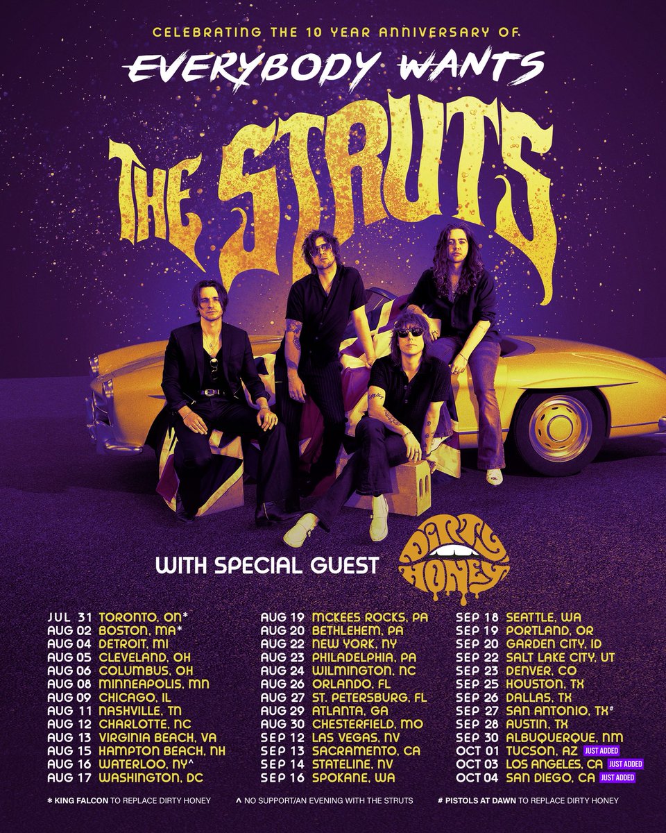 The Struts (@thestruts) on Twitter photo We've added 3 new dates on our North American tour celebrating 10 amazing years of The Struts! We’ll be heading to Tucson, Los Angeles, and San Diego this October, performing our debut EVERYBODY WANTS in its entirely! With special guests <a href="/DirtyHoneyBand/">Dirty Honey</a>. Tickets are ON SALE NOW! We've added 3 new dates on our North American tour celebrating 10 amazing years of The Struts! We’ll be heading to Tucson, Los Angeles, and San Diego this October, performing our debut EVERYBODY WANTS in its entirely! With special guests <a href="/DirtyHoneyBand/">Dirty Honey</a>. Tickets are ON SALE NOW!