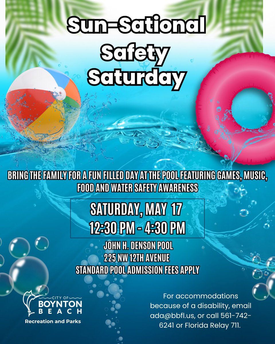 Join us tomorrow from 12:30–4:30 PM at John Denson Pool for Sunsational Safety Saturday !   Bring the whole family for a day of fun, games, music, food, and water safety awareness!  Standard pool admission fees apply.  Come make a splash with us! We can't wait to see you there!