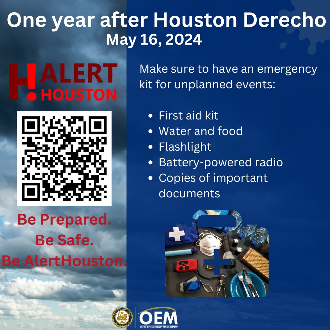 It’s been one year since the derecho. Today is a good reminder that a simple emergency kit can save lives when the unexpected happens. Be ready. Be Safe. Be AlertHouston. #houstonoem

👉Visit houstonoem.org for more information.