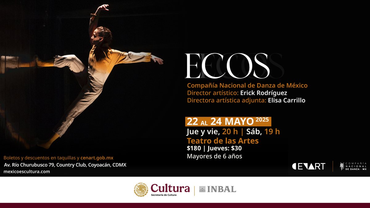 🕺¡Viernes de 2x1 en taquillas! 💃

Vive la experiencia de ECOS 📣 con la 👯‍♀️Compañía Nacional de Danza 👯‍♂️ en el @CENARTMx. 🏢 
🎭¡Compra una entrada y lleva a quien quieras GRATIS! No te pierdas esta experiencia única. 

✨#DanzaINBAL #CENART #2x1