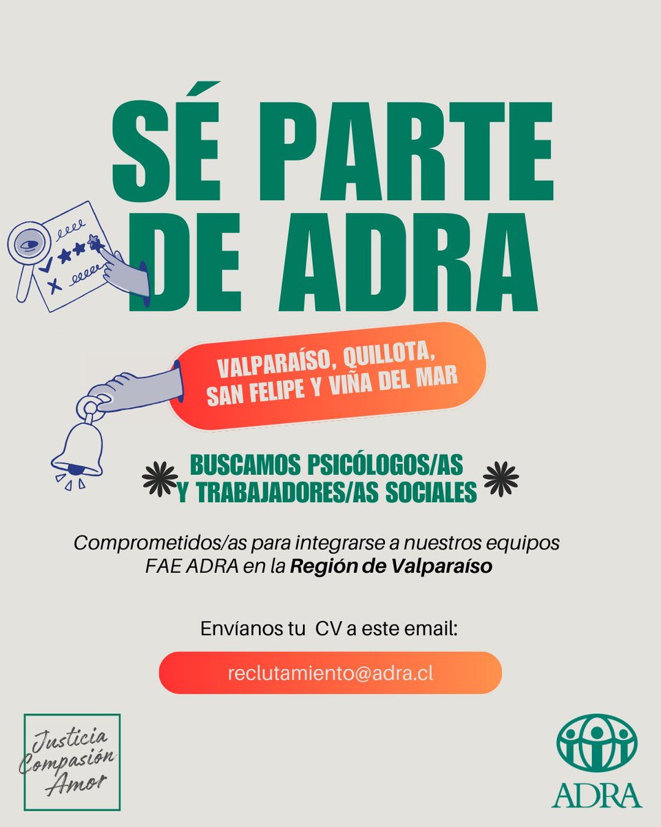 ADRACL's tweet photo. 📣 ¡Atención, Psicólogo/a o Trabajador/a Social! Si vives en las siguientes regiones TE ESTAMOS BUSCANDO! 📣
📍 Valparaíso, O’Higgins,Ñuble,Los Lagos

👀🔎Buscamos profesionales comprometidos y con vocación de servicio para integrarse a nuestros nuevos programas FAE ADRA💚 https://t.co/Adgdbw8Ob1