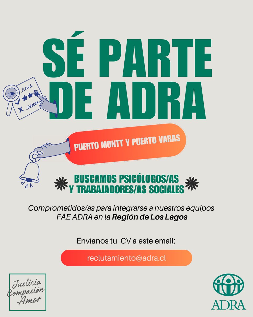 📣 ¡Atención, Psicólogo/a o Trabajador/a Social! Si vives en las siguientes regiones TE ESTAMOS BUSCANDO! 📣
📍 Valparaíso, O’Higgins,Ñuble,Los Lagos

👀🔎Buscamos profesionales comprometidos y con vocación de servicio para integrarse a nuestros nuevos programas FAE ADRA💚