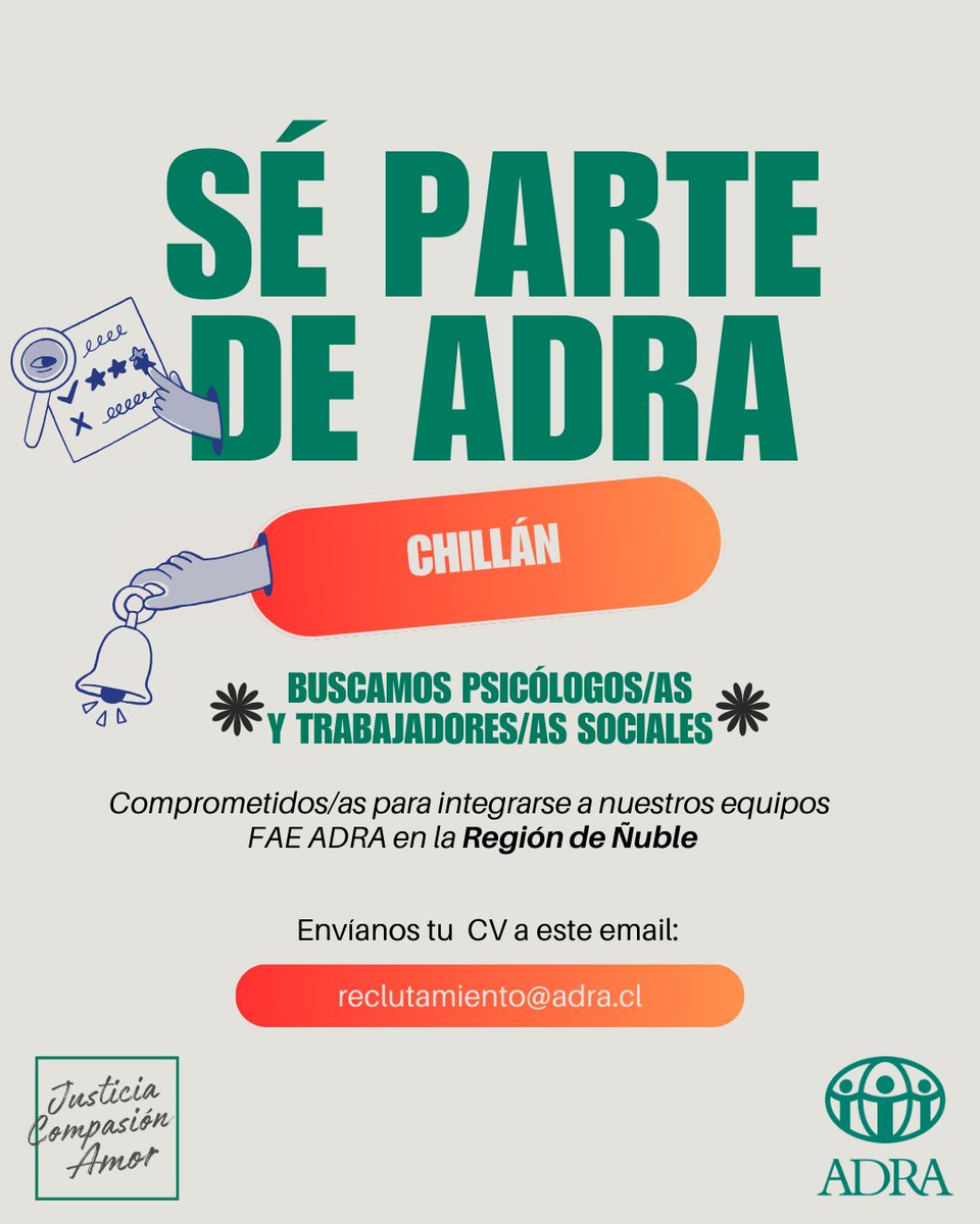 ADRACL's tweet photo. 📣 ¡Atención, Psicólogo/a o Trabajador/a Social! Si vives en las siguientes regiones TE ESTAMOS BUSCANDO! 📣
📍 Valparaíso, O’Higgins,Ñuble,Los Lagos

👀🔎Buscamos profesionales comprometidos y con vocación de servicio para integrarse a nuestros nuevos programas FAE ADRA💚 https://t.co/Adgdbw8Ob1