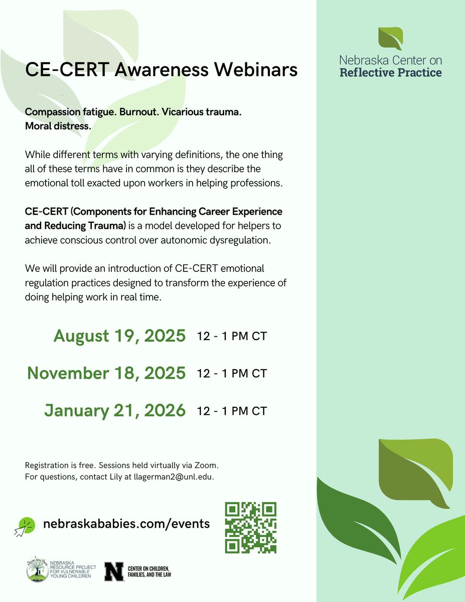 NebraskaBabies's tweet image. Nebraska, CE-CERT is here! 👏We are hosting free hour-long webinars as an introduction of Components for Enhancing Career Experience and Reducing Trauma. Join us to find out how CE-CERT can help you! nebraskababies.com/events