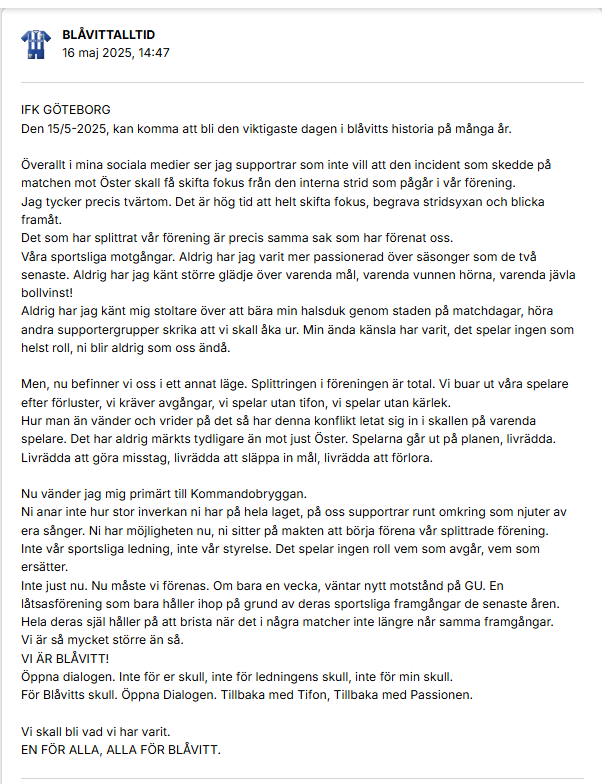 OliverOlofsson's tweet photo. Kan inte beskriva det bättre själv. 

Drömmer om ett vackert tifo mot MFF... 

Tycker det märks väldigt tydligt på spelarna att de spelar utan pondus, med mer rädsla över att förlora än lust att vinna. Klubben tar för mycket stryk av denna strid... 

FRAMÅT BLÅVITT!

#ifkgbg https://t.co/0wLNgWNY56